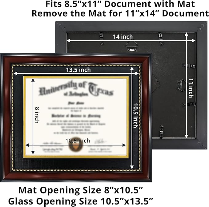 GraduationMall 8.5x11 Diploma Frame with Black over Gold Mat or Display 11x14 Document without Mat, UV Protection Acrylic, Mahogany with Gold Beads, Set of 2