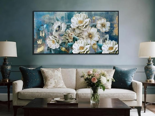 Arjun Black Framed Flower Canvas Wall Art for Living Room White Modern Painting for Bedroom Textured Gold Turquoise Picture Floral Teal Artwork Large Home Office Wall Decor 40"x20"