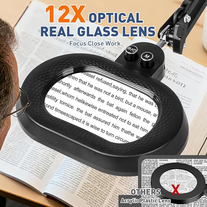 KIRKAS 12X Magnifying Glass with Light Three-axis Rotation, Extra-Long Arm Magnifying Lamp for Workbench Craft Repair, LED Lighted Magnifier Real Glass Lens Overhead Dimming and Color(12X Oval Clamp)