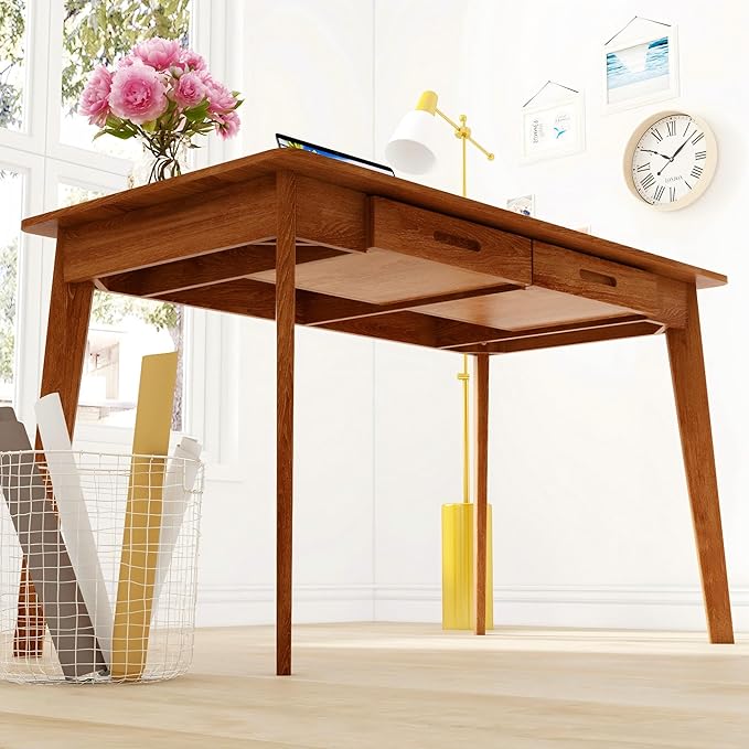 Home Office Computer Desk Coner Desk with 2 Drawers, Study Writing Table for Home Office, Study, Honey Wood (47.2 ”W x 23.6”D x 29.5”H)