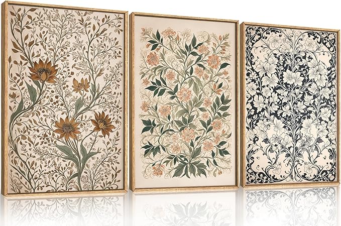 BICERE Large Abstract Vintage Flower Framed Canvas Wall Art,Antique Botanical Wall Decor,Neutral Bouquet Wall Painting,Aesthetic Floral Artwork for Living Room,Bedroom,Dining Room,Office -24"x36"x3