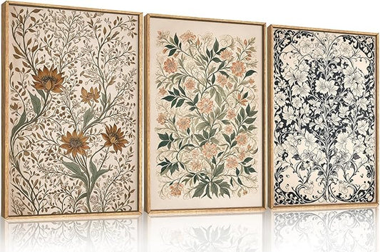 Large Abstract Vintage Flower Framed Canvas Wall Art,Antique Botanical Wall Decor,Neutral Bouquet Wall Painting,Aesthetic Floral Artwork for Living Room,Bedroom,Dining Room,Office -16"x24"x3