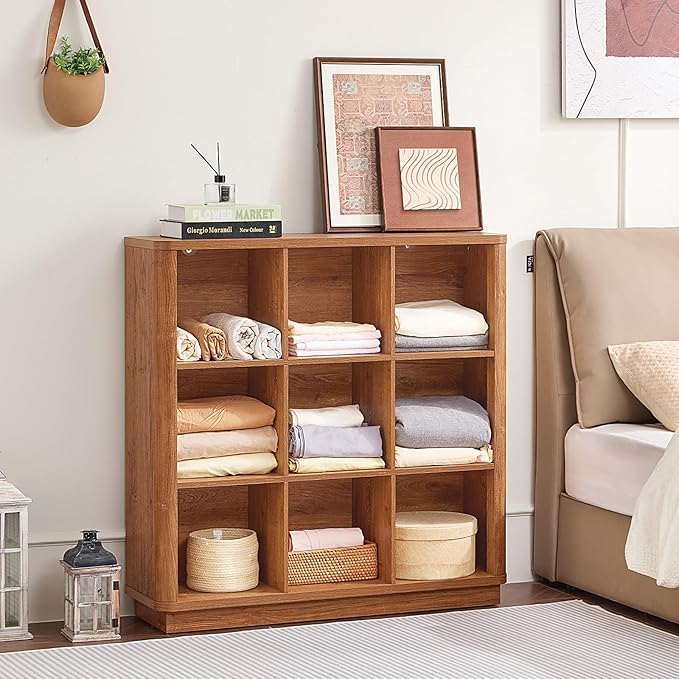 9 Cube Storage Book Shelf, 40.5" Wide Organizer Bookshelf with Curved Edge, Wood Floor Standing 3-Tier Cubby Bookcase with Base, Country Rustic Display Book Case for Library, Office, Brown