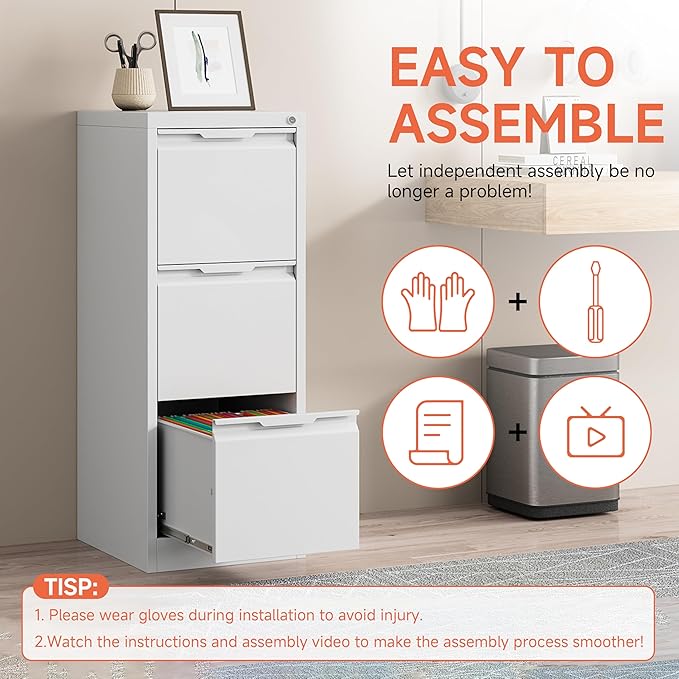 3 Drawer File Cabinet with Lock, Printer Stand, Office Filing Organizer, for A4 and Letter Size Files,Assembly Required(White)