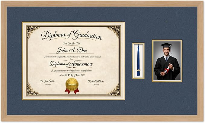 Diploma Tassel and Photo Frame Natural Wood Shadowbox Navy Blue Over Gold Mat - Fits 17 x 13 Degree Picture Made in the USA