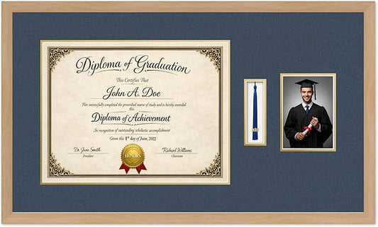 Diploma Tassel and Photo Frame Natural Wood Shadowbox Navy Blue Over Gold Mat - Fits 17 x 13 Degree Picture Made in the USA