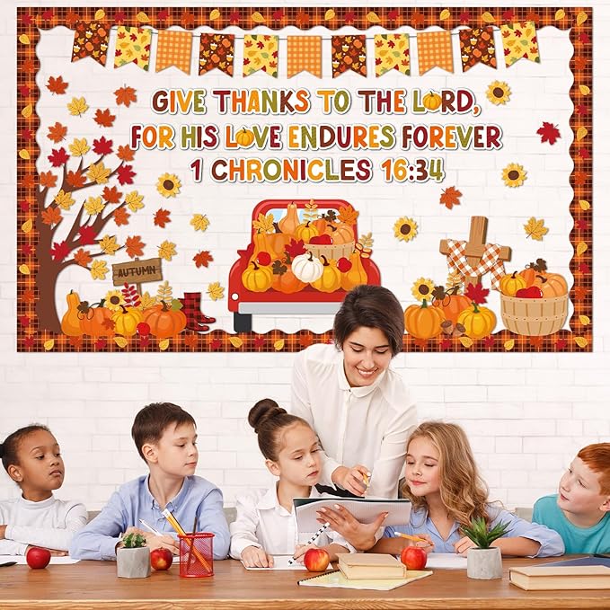 gisgfim Fall Thanksgiving Bulletin Board Decorations Give Thanks to The Lord Religious Paper Cutouts Fall Pumpkin Maple Leaf Bulletin Board Set for Autumn Harvest Thanksgiving Classroom Decor Supplies