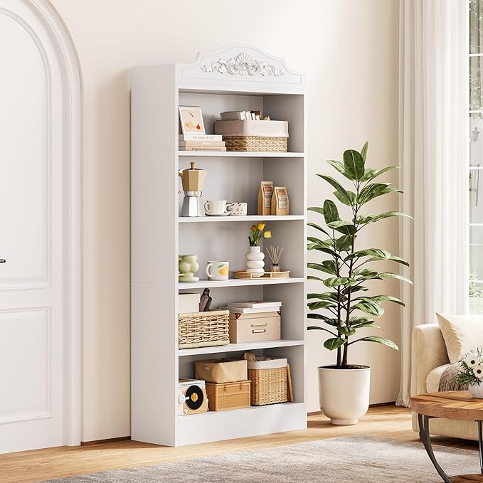 LITTLE TREE 5-Tier Bookcase with Storage, 73-Inch White Bookshelf, Modern Open Storage Shelf, Book Shelf for Living Room, Bedroom, Home Office