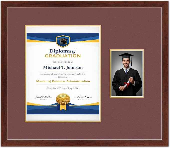 Diploma Frame With Photo Opening Rustic Walnut Dark Red Over Gold Mat - Fits 11 x 14 Degree and Picture Made in the USA