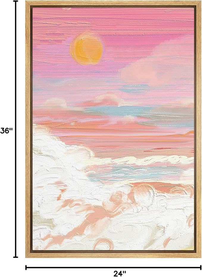 SIGNFORD Framed Canvas Print Wall Art Pastel Watercolor Pink Sunset Cloud Nature Wilderness Illustrations Modern Art Vibrant Girl's Bedroom Colorful for Living Room, Bedroom, Office - 24"x36" Natural