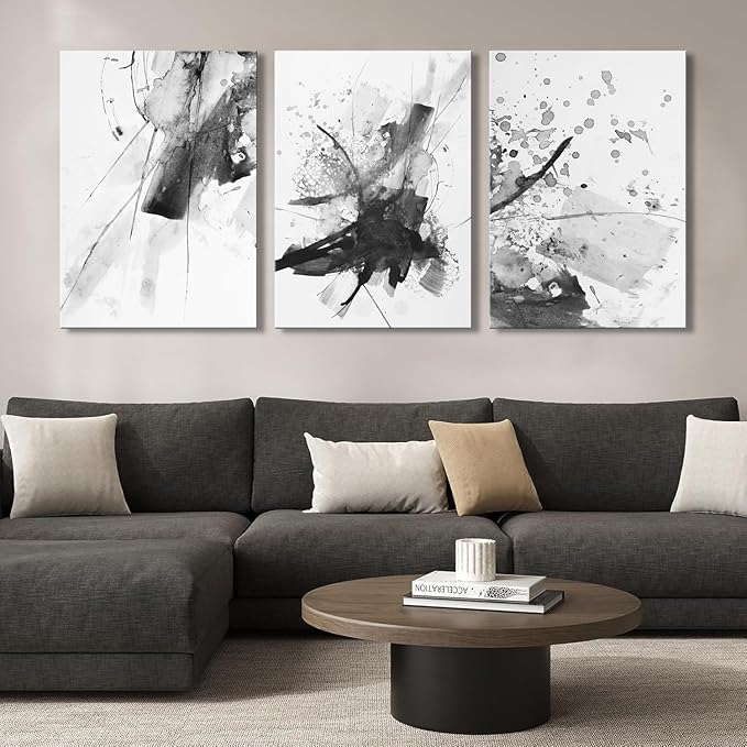 Abstract Black and White Wall Art Modern Artwork for Walls Ink Texture Painting Canvas Prints Watercolor Fluid Lines Pictures Framed Bedroom Office Living Room Bathroom Decorations 16"x24"x3pcs