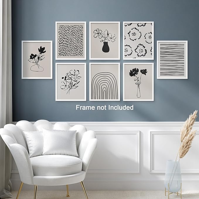 SIGNWIN Adhesive Canvas Poster Bathroom Decor, Wall Art Room Decor Multicolor for Living Room, Bedroom, Office Duotone Black & White Floral Botanical Flower Nature Abstract Shapes - 12"x16"x 8