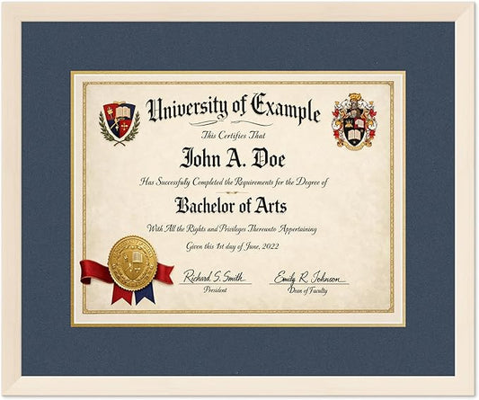 CountryArtHouse Diploma Frame Fits 17 x 13 International Diploma - Keepsake Graduation Display Coastal Whitewash Genuine Hardwood with Navy Blue Over Metallic Gold Double mat