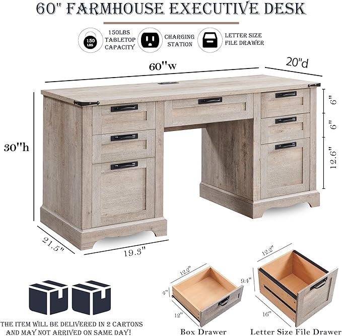 RedLemon 60" Farmhouse Executive Desk with Drawers, Wood Home Office Desk w/Charging Station, Keyboard Tray, File Drawer, Storage Cabinet, Rustic Computer Writing Desk (Light Rustic Oak)
