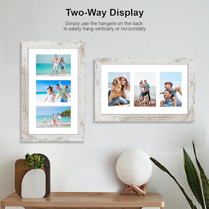 8x14 Picture Frame Set of 2, Distressed White Wood Frame with Glass Collage Frame, Display Pictures 3-4x6 With Mat or 8 x 14 Without Mat - Horizontal or Vertical Wall Mounting