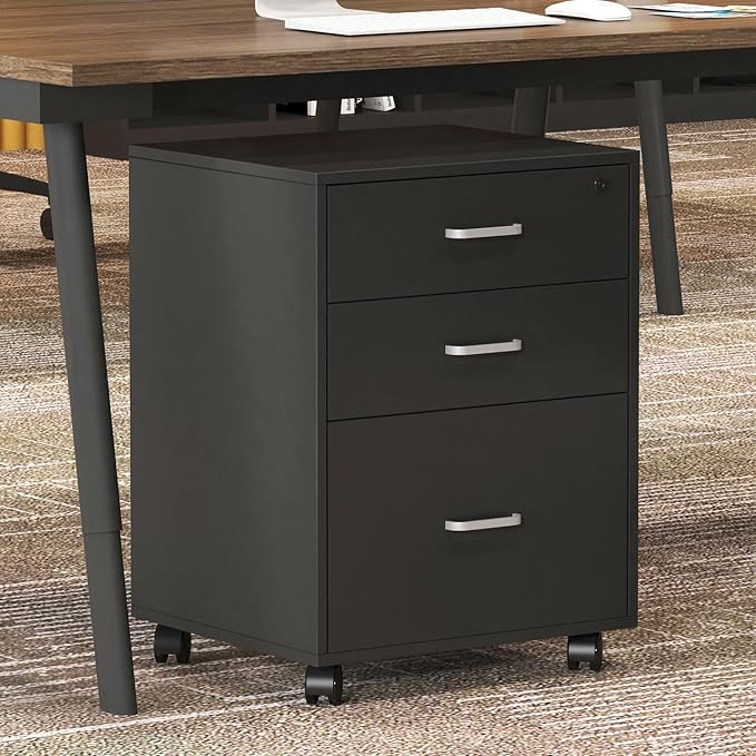 Need 3 Drawer Wood Mobile File Cabinet with Lock,Rolling Filing Cabinet for Letter/A4 Size for Home Office, Black