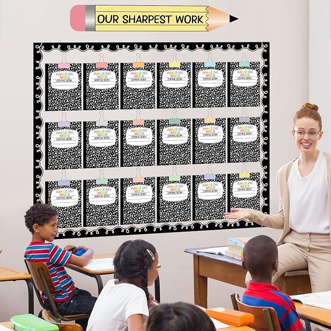 Student Work Display Bulletin Board Set Composition Notebook Classroom Decoration Inspirational Our Sharpest Work Pencil Cutouts for Back to School Classroom Chalkboard Wall Decor Teacher Supplies