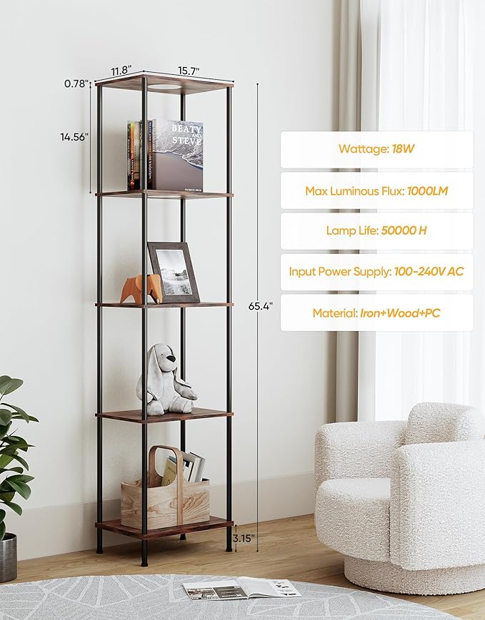 Display Shelf with RGBW Light, Color Changing Curio Cabinet Floor Lamp with Shelves Corner Standing Column Lamp Etagere Organizer Tower Nightstand Bookcase for Living Room Bedroom Office Décor, Brown