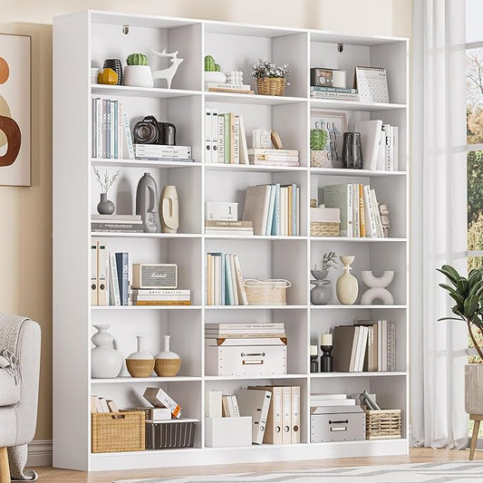 White Bookcase with 18 Display Shelves, Triple Column Book Case, 1PC 6 Tier Large Bookshelf, Freestanding Storage Shelf for Bedroom Living Room Home Office