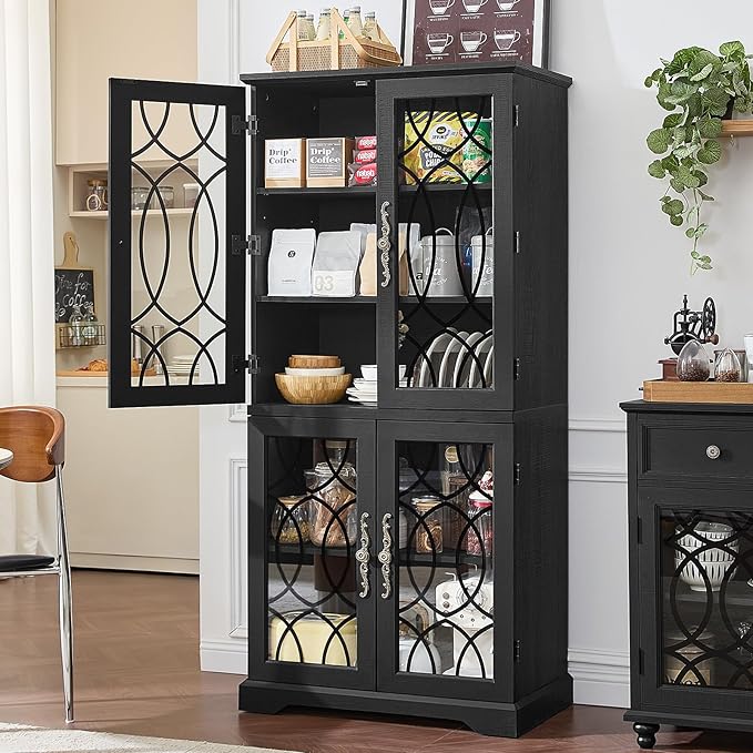 67" Tall Bookshelf Set of 3, Vintage Book Shelf with Glass Doors, 5-Tier Wood Bookcase w/Adjustable Storage Shelves, Freestanding Rustic Curio Display Cabinet for Living Room, Office, Black