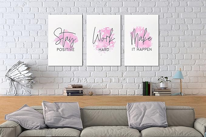 SHMAO Pink Office Canvas Wall Art Motivational Wall Decor, 3 Piece Stay Work Make Print Pictures for Office Wall Decor Women Inspirational Framed Artwork Home Office Decor 12”x18”x3 Panels