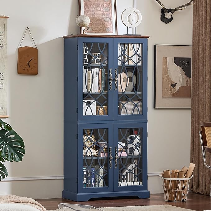 67" Tall Bookshelf Set of 3, Vintage Book Shelf with Glass Doors, 5-Tier Wood Bookcase w/Adjustable Storage Shelves, Freestanding Rustic Curio Display Cabinet for Living Room,Office,Navy Blue