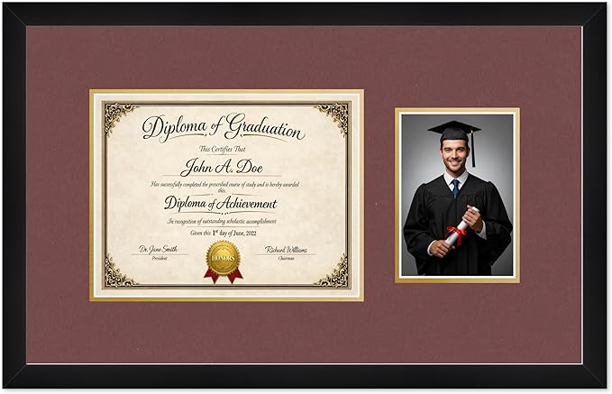 Diploma Frame With Photo Opening Matte Black Dark Red Over Gold Mat - Fits 11 x 8.5 Degree and Picture Made in the USA
