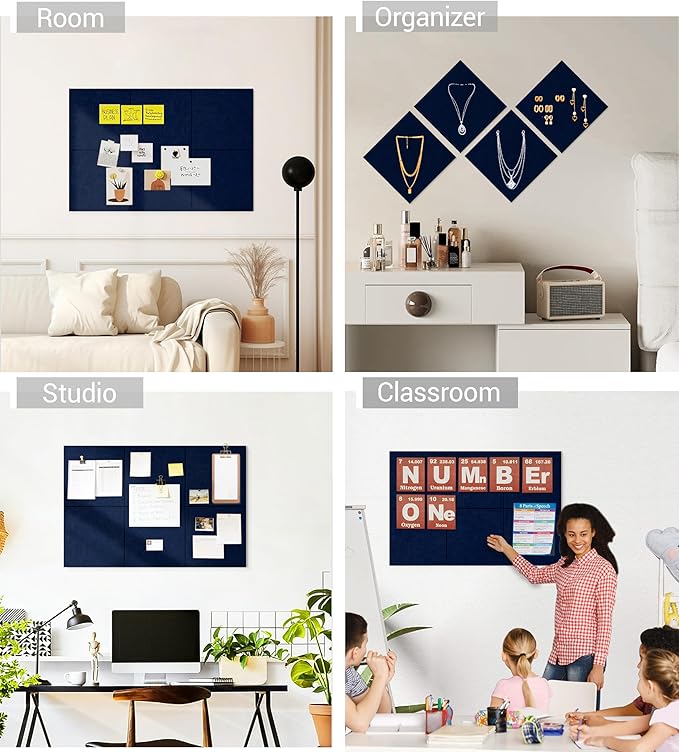 1/2" Thick Cork Board for Office, 6 Pack Felt Wall Tiles -28"x18" with Safe Adhesive Tabs, Large Bulletin Board, Push Pin Board Organizer Wall - Dark Blue