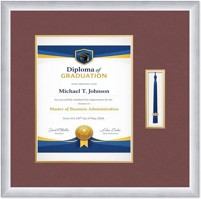 Diploma Frame with Tassel Holder 20.25 x 20 Stainless Silver Shadowbox Dark Red Over Gold Mat - Fits 10 x 13 Degree Made in the USA