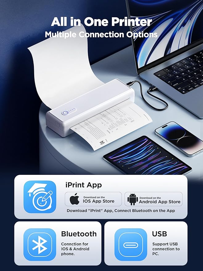 Portable Printers Wireless for Travel - A4 Thermal Printer Bluetooth Compatible with IOS Android Laptop - Support 8.5 X 11 US Letter A4 Paper 2” 3” 4” - Inkless Printers for Home Use Office Car