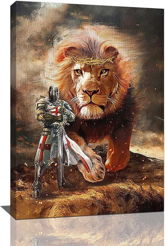 yerretin Christian Lion Of Judah Wall Art Lion Warrior Pictures Wall Decor Religious Knight Canvas Painting Home Decorations Artwork for Bathroom Bedroom Living Room Office Framed 16"x24"