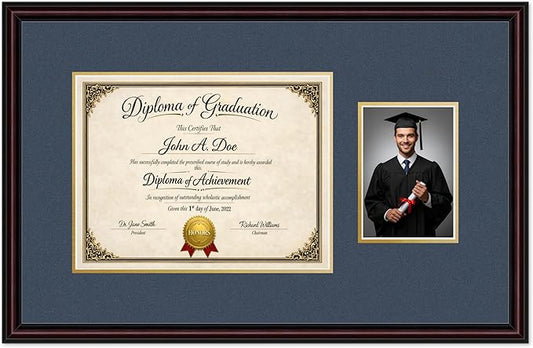 Diploma Frame With Photo Opening Executive Brown Navy Blue Over Gold Mat - Fits 13 x 10 Degree and Picture Made in the USA