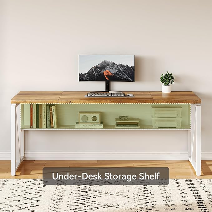 LITTLE TREE 63-Inch Executive Office Desk, Large Computer Desk with Storage Shelf, Executive Desk with Metal Frame, Thickened Desktop, Study Writing Desk Work Station for Home Office, Rustic + White