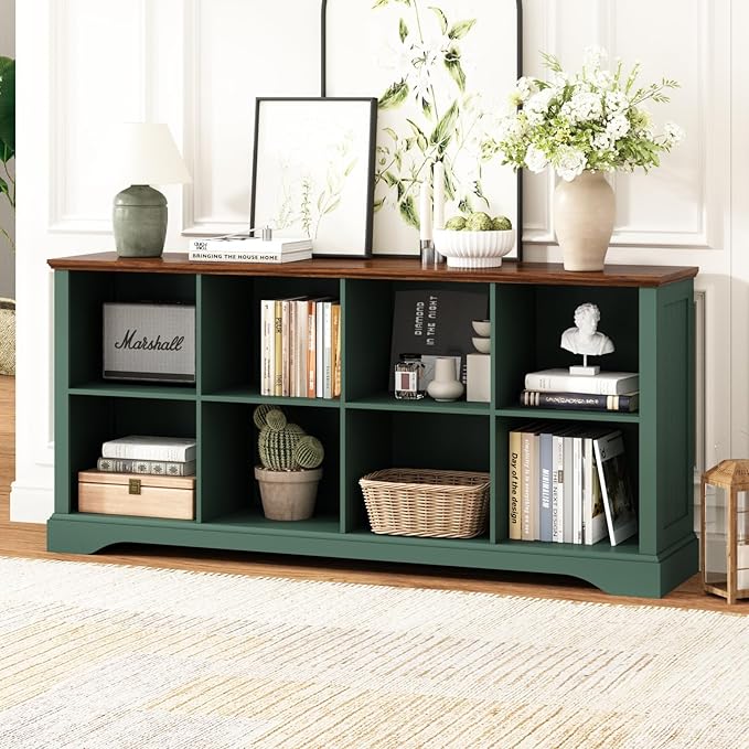 8 Cube Storage Organizer - 62" Long Farmhouse Wood Low Bookshelf, Horizontal Open Shelf Bookcase Cubby Storage Console Cabinet for Living Room, Entryway, Office, Green