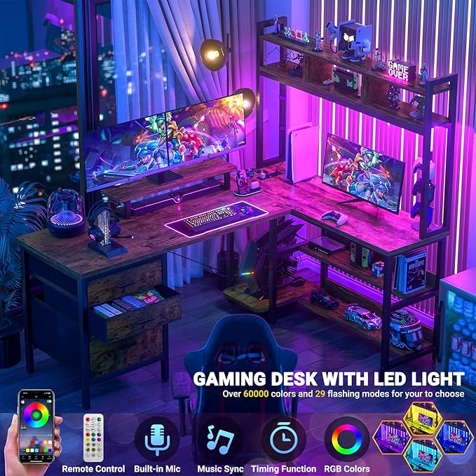 Aheaplus L Shaped Desk with Hutch, Gaming Desk with Led Lights, Reversible Computer Desk with Power Outlet, Corner Desk with File Drawer & Monitor Stand, Storage Shelves for Home, F1, Rustic Brown