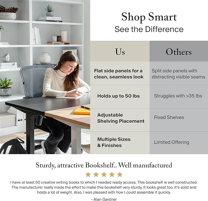 Bush Home Tall 5 Shelf Bookcase, Large Open Bookshelf, Sturdy Display Cabinet for Living Room or Home Office, Cabot Collection, Linen White Oak