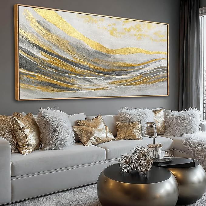 Artexist Gold Home Wall Decor Line Canvas Wall Art Vintage Artwork 29"x58" Large Poster for Living Room Office Kitchen Pictures