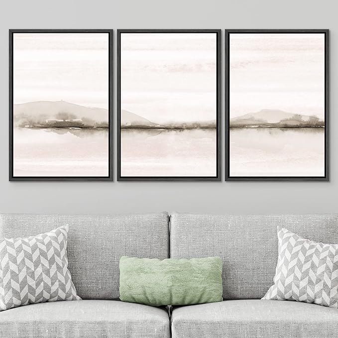 SIGNWIN Framed Canvas Print Wall Art Set Pastel Sunset Mountain Forest Lake Nature Wilderness Illustrations Modern Art Rustic Scenic Relax/Calm for Living Room, Bedroom, Office - 16"x24"x3 Black