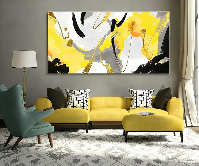 weiyiart Yellow Abstract Canvas Wall Art for Living Room Modern Contemporary Wall Paintings Large Print Picture Black & Gray Artwork Ready to Hang for Bedroom Dining Room Office Decor 29"x58"