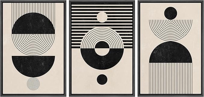 IDEA4WALL Framed Canvas Print Wall Art Set Geometric Black Tan Stripe Circle Stripe Collage Abstract Shapes Illustrations Modern Art Nordic for Living Room, Bedroom, Office - 16"x24"x3 Black