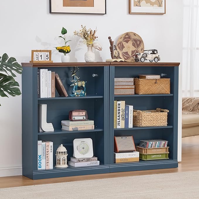 43" Blue Tall Bookshelf Set of 3,3-Tier Thick Wooden Book Shelf with Adjustable Shelves,Free Standing Farmhouse Bookcase with Open Display Storage,Floor Vintage Bookshelves for Living Room ﻿
