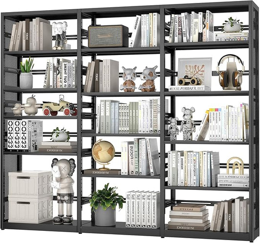 5 Tire Bookshelf, 80 Inch Wide Library Bookcase, Heavy Duty Bookcases with Storage, Large Tall Book Cases, Metal Book Shelves for Office, School, College, Commerce, Study Room, Black-Assemble Required