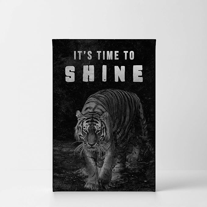 Smile Art Design It's Time to Shine Black and White Tiger Motivational Wall Art Canvas Print Inspirational Wall Art Entrepreneur Quote Modern Office Living Room Decor Gift Ready to Hang 40x30