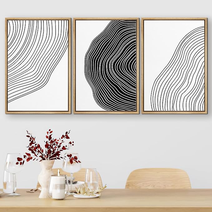 SIGNFORD Framed Canvas Print Wall Art Set Black White Spiral Ring Polygons Abstract Shapes Illustrations Modern Art Bohemian Nordic Relax/Calm for Living Room, Bedroom, Office - 24"x36"x3 Natural