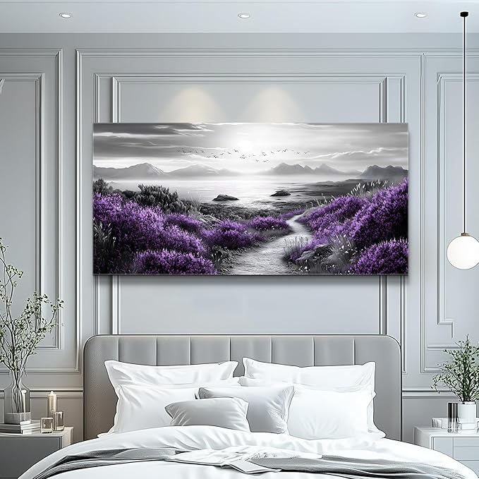 FUHAIHUA Canvas Wall Art For Living Room Wall Decor For Bedroom Office Wall Decoration Purple Flowers Landscape Painting Black And White Pictures Artwork Room Aesthetic Home Decor 20x40 In
