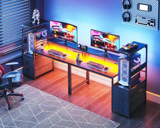 AODK 52 Inch Gaming Desk with USB Charging Ports & LED Light- Reversible Computer Desk with Storage Shelves & Monitor Stand, Modern Gamer Desk Table with Fabric Drawers & Side Hook, Carbon Fiber Black