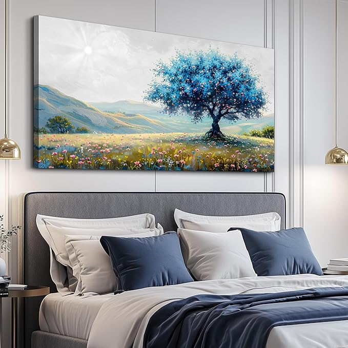 FUHAIHUA Large Wall Decor For Living Room Canvas Wall Art For Office Modern Wall Decorations For Bedroom Pastoral Landscape Painting Blue Tree Pictures Artwork Room Aesthetic Home Decor 24x48 In