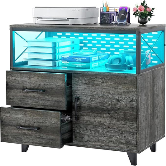 Homieasy Lateral File Cabinet with LED Light, Office Filing Cabinets with 2 Drawers and 1 Door Cabinet, Desk Side Printer Stand with Storage for Office Supplies, Black Oak
