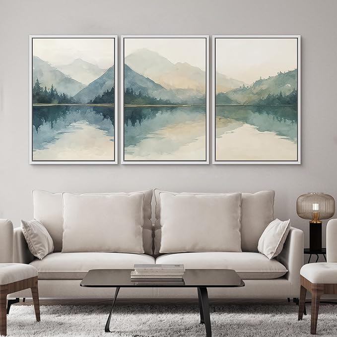 SIGNWIN Framed Canvas Print Wall Art Set Calm Lake Reflection Watercolor Mountain and Water Illustrations Modern Art Decorative Abstract for Living Room, Bedroom, Office - 16"x24"x3 White