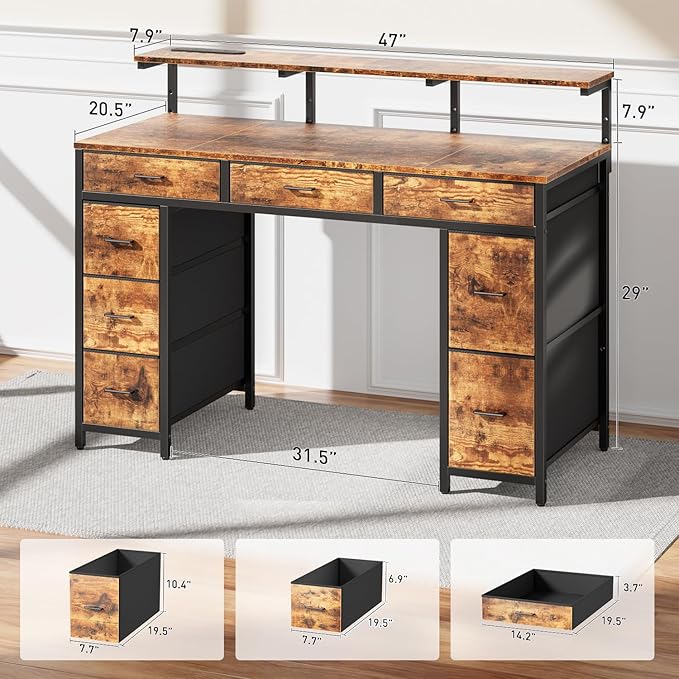 HLDIRECT 47 inch Computer Desk with 8 Storage Drawers, Gaming Desk with LED Lights & USB Power Outlets, Home Office Table with Monitor Stand, Study Writing Work Table for Bedroom, Rustic Brown